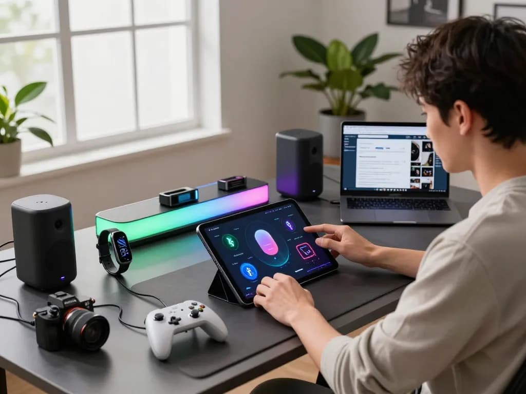 Explore the latest tech gadgets 2072, including Bluetooth speakers and fitness wearables in a modern workspace.