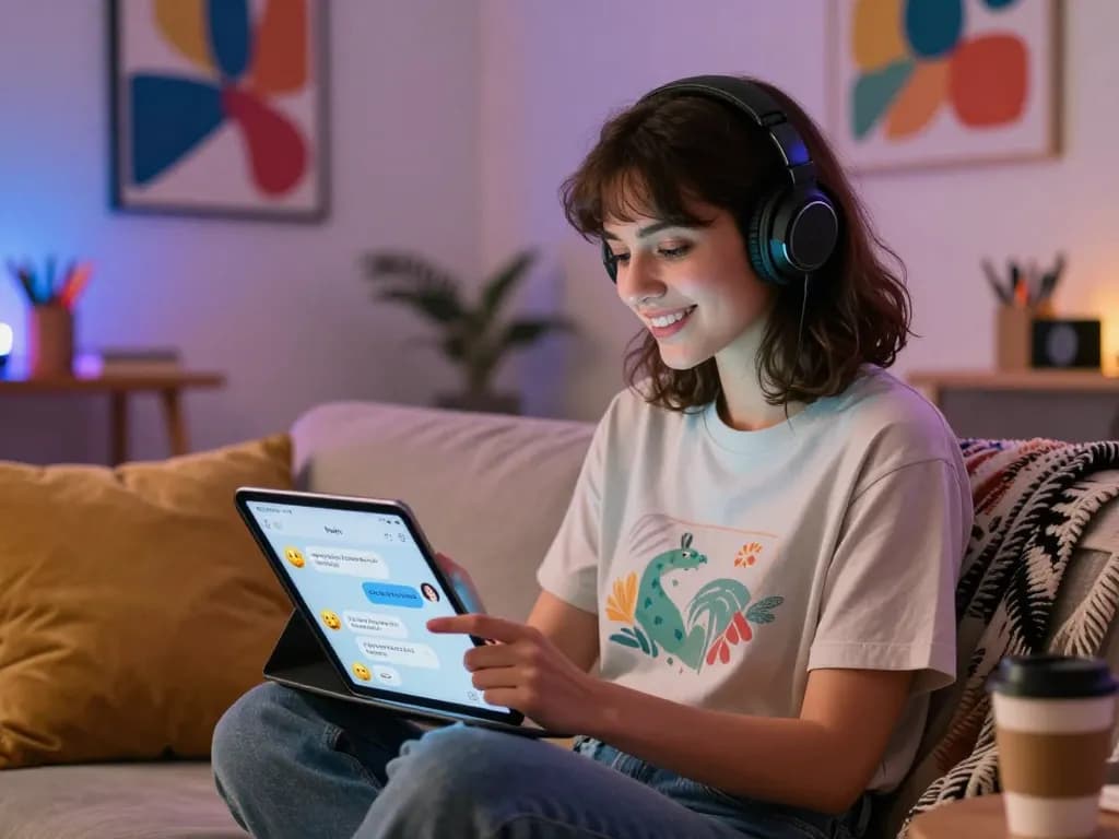 Engaging with an nsfw chat bot in a cozy modern digital space.