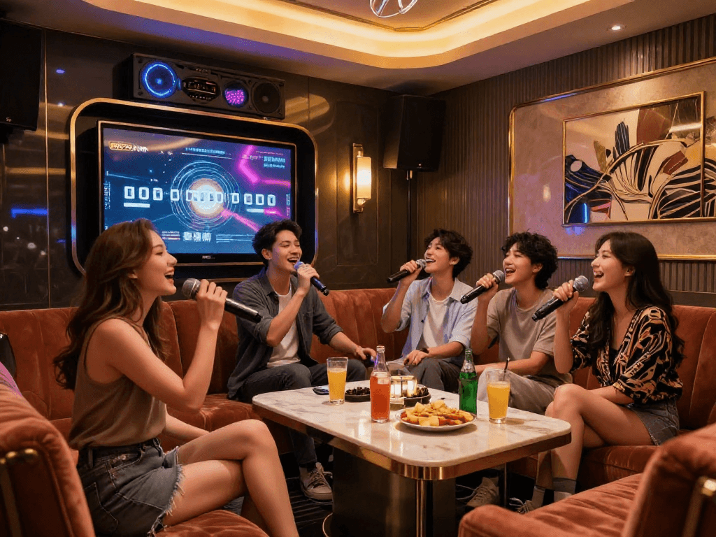 강남 가라오케에서 친구들과 함께 노래를 부르고 있는 쾌적한 고급 노래방의 모습
