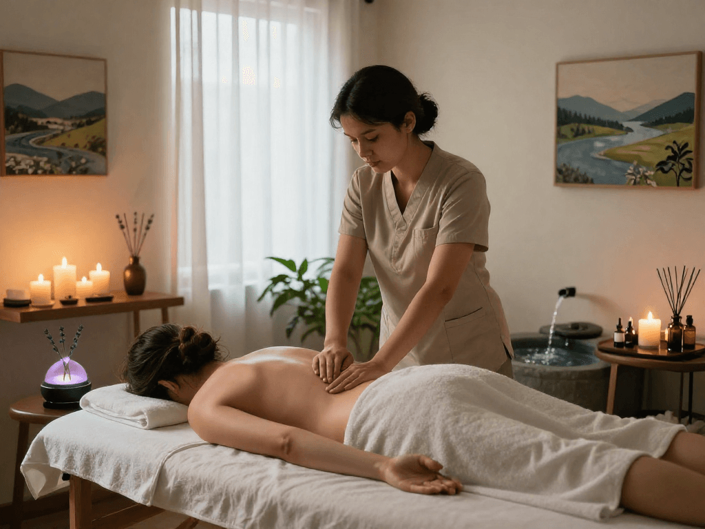 A tranquil wellness scene featuring 출장안마 therapy session, with a skilled therapist and calming ambiance.