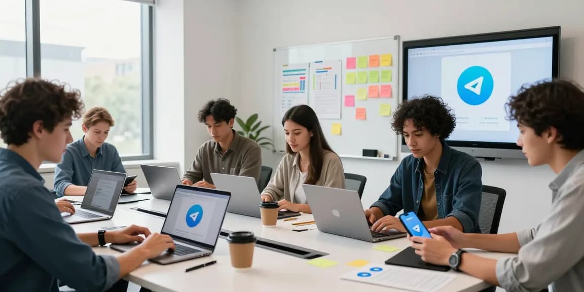 Download Telegram in a modern workspace with professionals collaborating on devices.