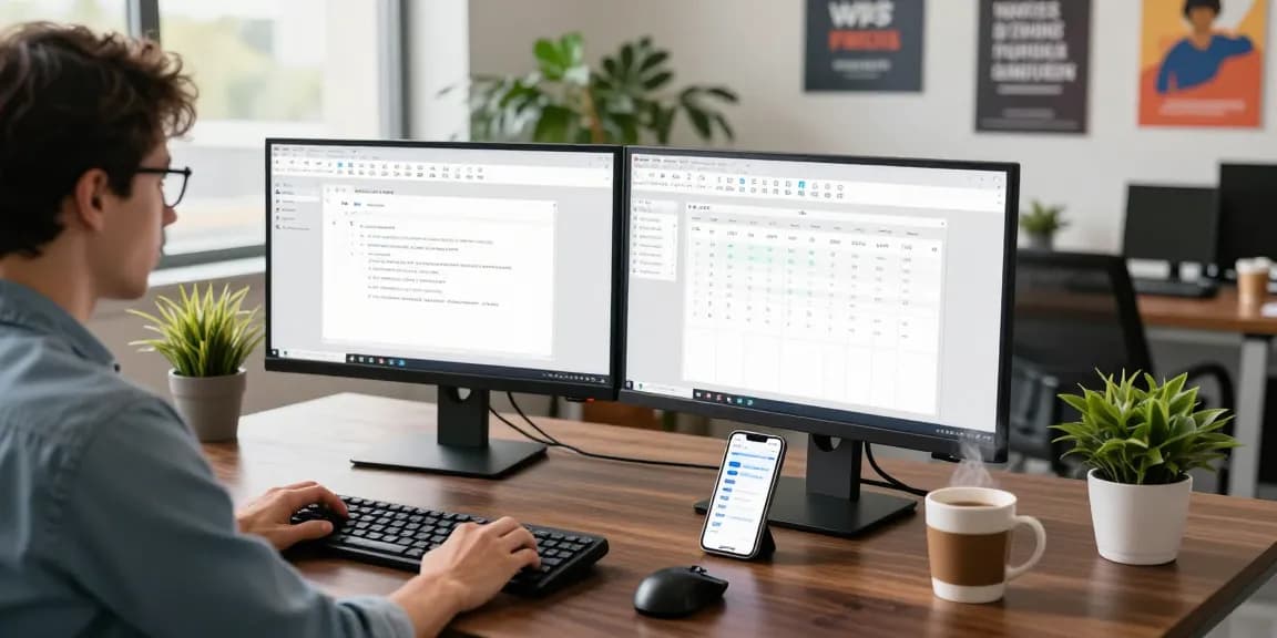 WPS Download interface displayed on dual monitors in a modern workspace setting