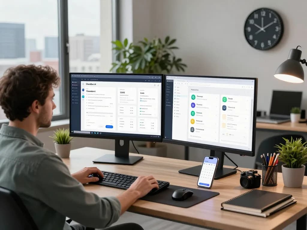 Engaging workspace featuring Clawdbot AI interface on dual monitors, showcasing seamless productivity.