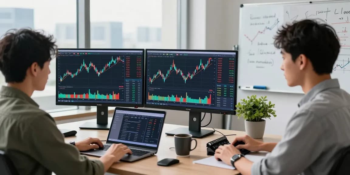 업투익스체인지 trader analyzing cryptocurrency charts in a modern office environment.