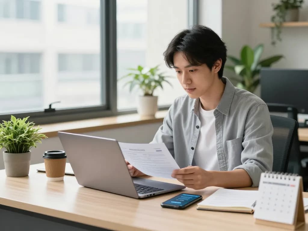 전문가가 문서를 검토하는 사무실 작업 공간, 오피스타 서비스에 대한 신뢰를 반영합니다.