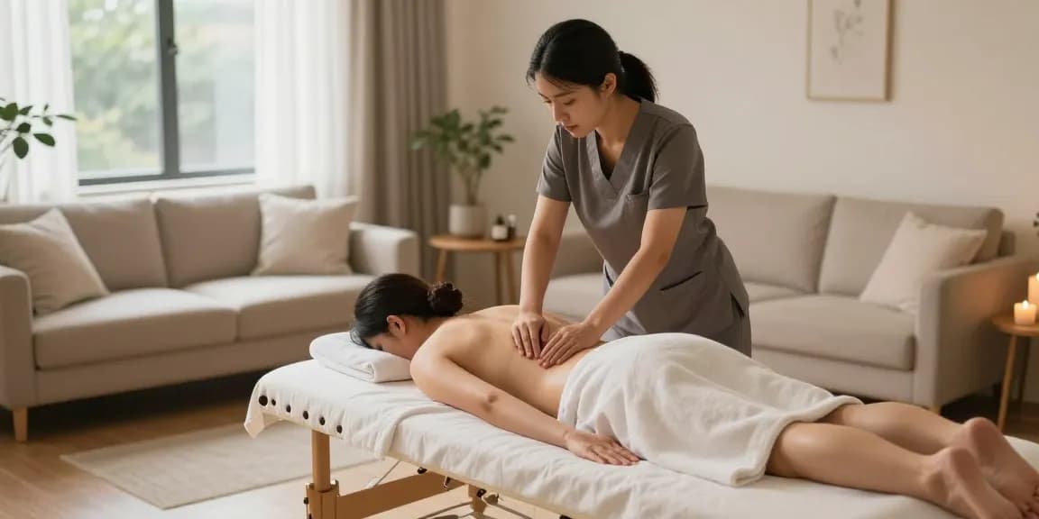 출장마사지 세션을 제공하는 마사지 치료사와 편안한 분위기의 실내 장면