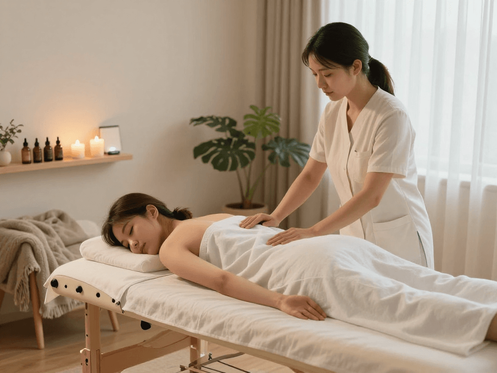 Incheon출장안마 session with therapist providing soothing massage in a serene home setting.