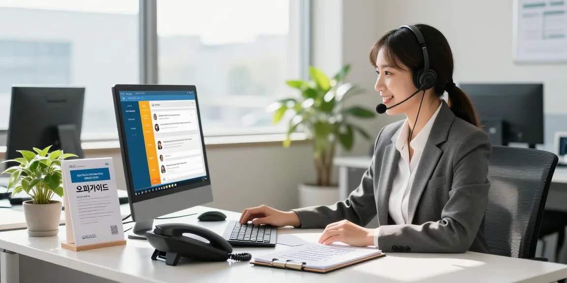 Customer service representative assisting clients with 오피가이드 inquiries in a modern office.