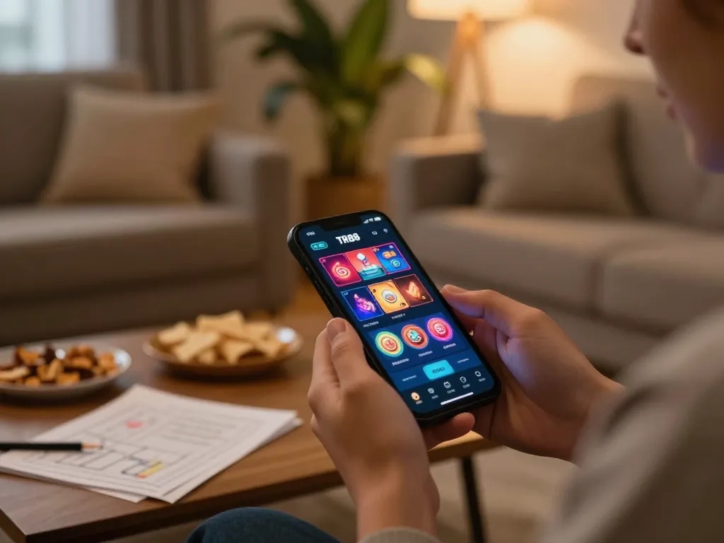 Engaging mobile gaming setup showing user on TR88 trang chủ app, highlighting strategy notes and a cozy atmosphere.