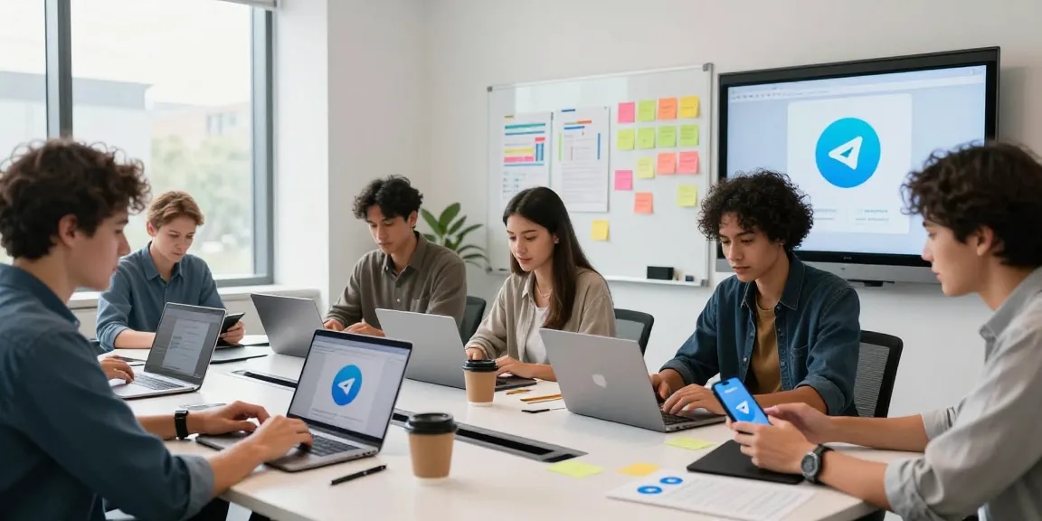 Download Telegram in a modern workspace with professionals collaborating on devices.