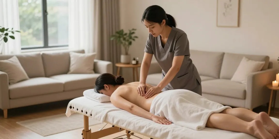 출장마사지 세션을 제공하는 마사지 치료사와 편안한 분위기의 실내 장면