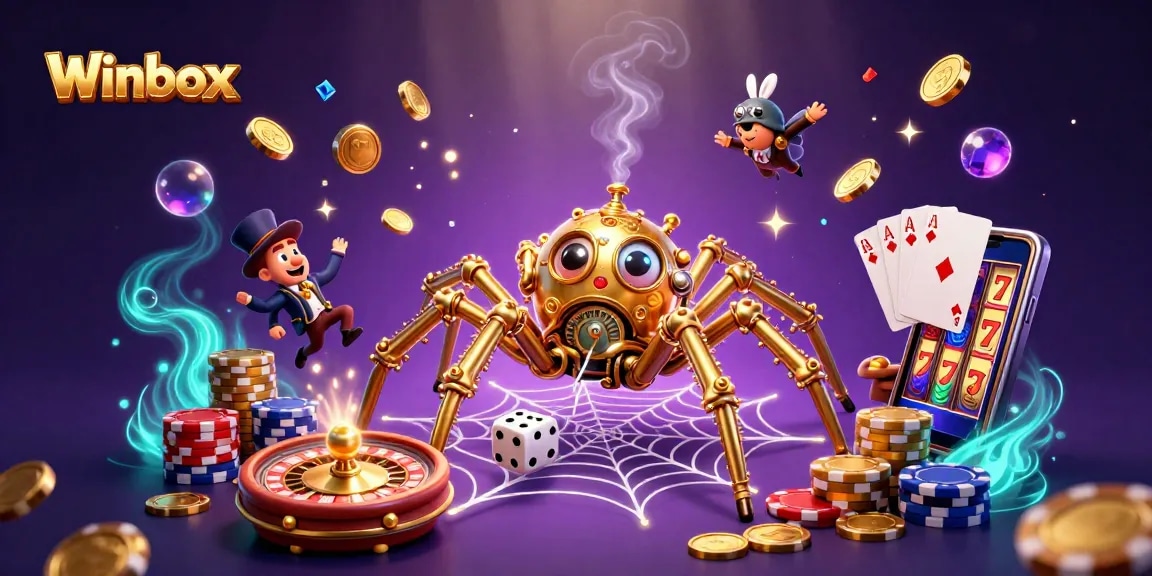 Winbox spider weaving golden web amidst coins, roulette, and poker chips in a magical casino scene.