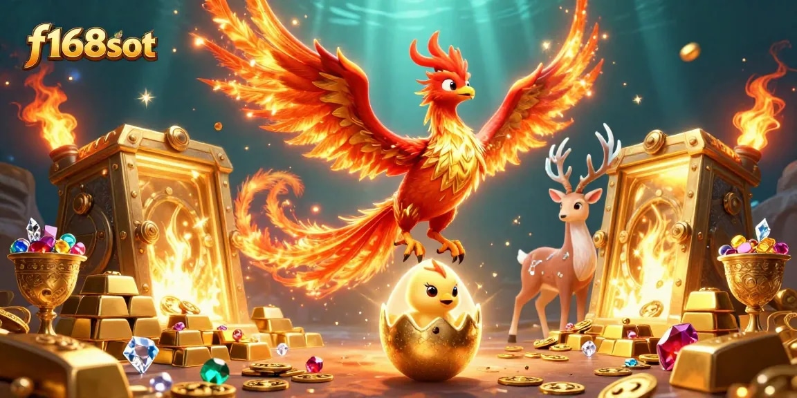 Engage with f168slot's vibrant 3D casino scene, showcasing phoenixes, treasure, and dynamic gaming elements.