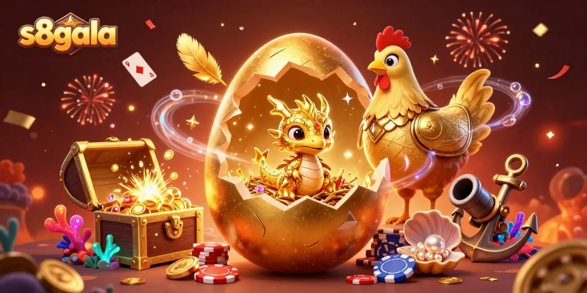 Watch the baby dragon at s8gala emerge from a golden egg while surrounded by vibrant casino-themed treasures.