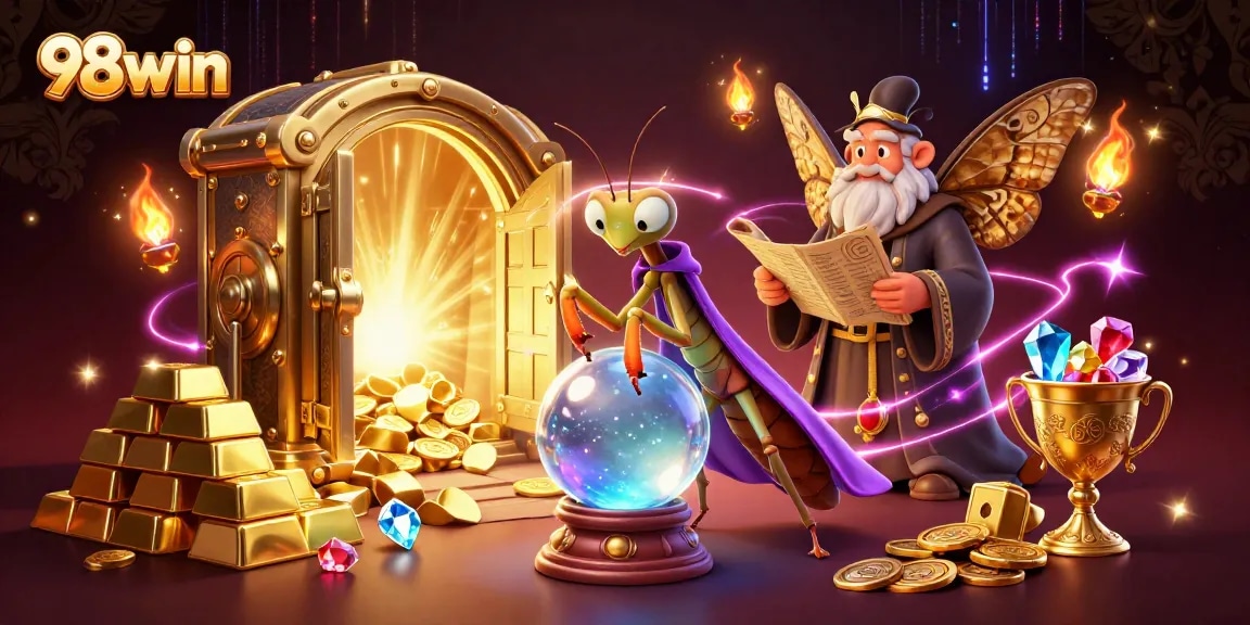 Engage in thrilling gameplay with 98win's magical casino world featuring vibrant elements and characters.
