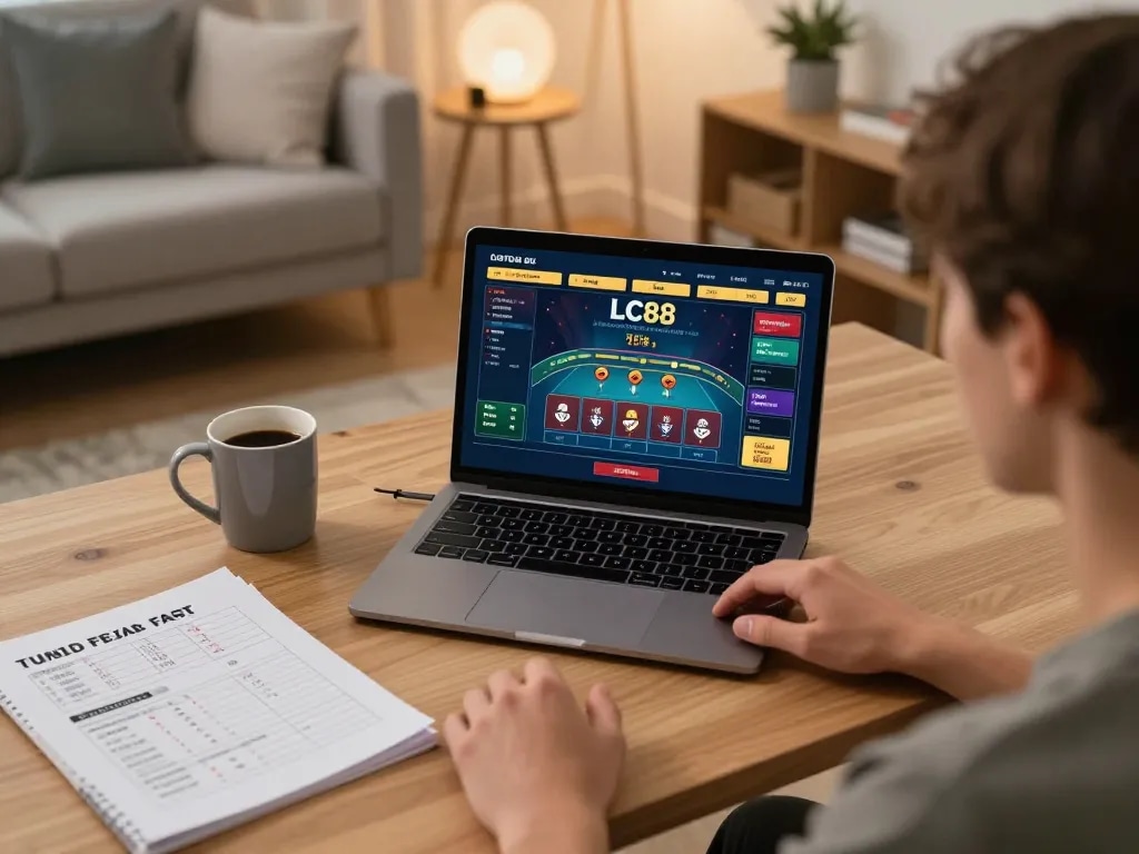 Player strategizing on LC88, engaging with live dealer game on laptop.