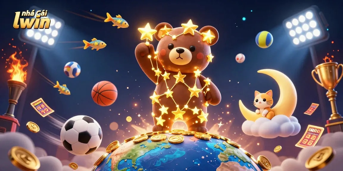 Engage with Nhà cái llwin in a vibrant 3D casino scene filled with dynamic sports elements and golden rewards.