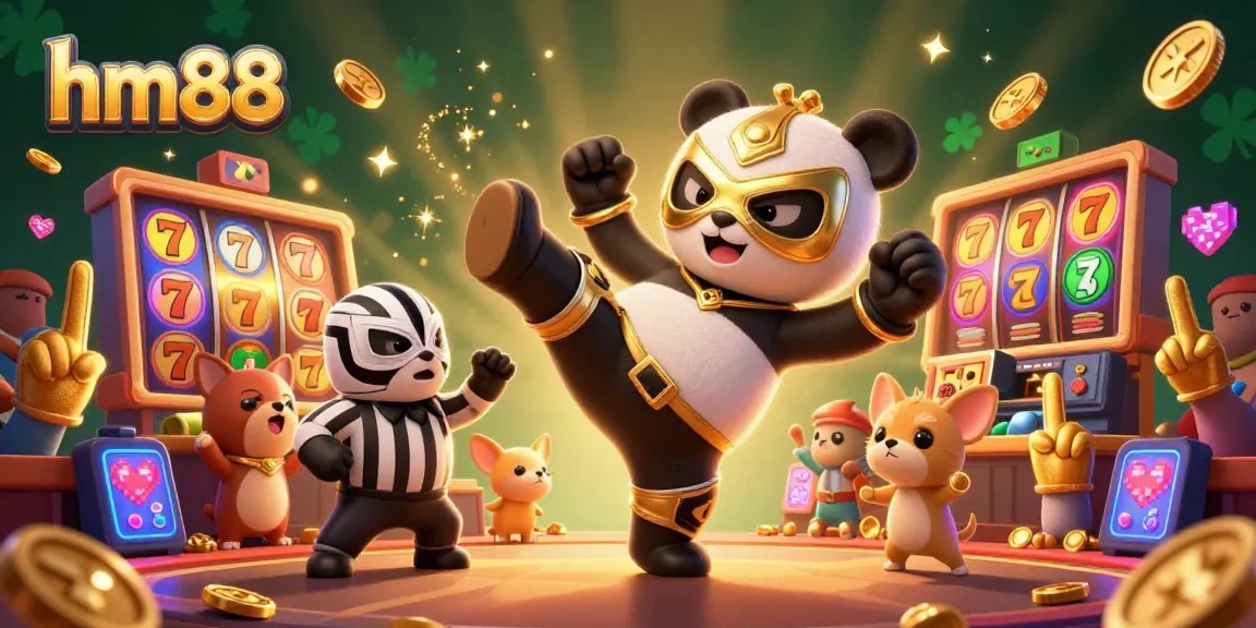 Experience the thrilling hm88 casino atmosphere with a lively wrestling panda illustration.