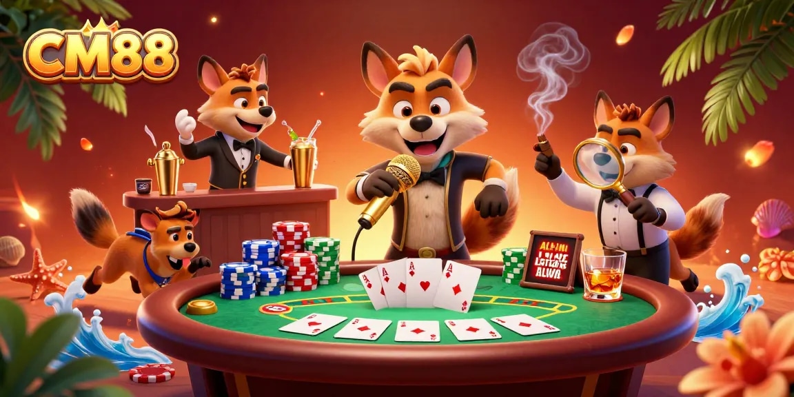 CM88 showcases a lively comedy casino scene featuring hyenas as entertainers, complete with poker elements and vibrant decor.