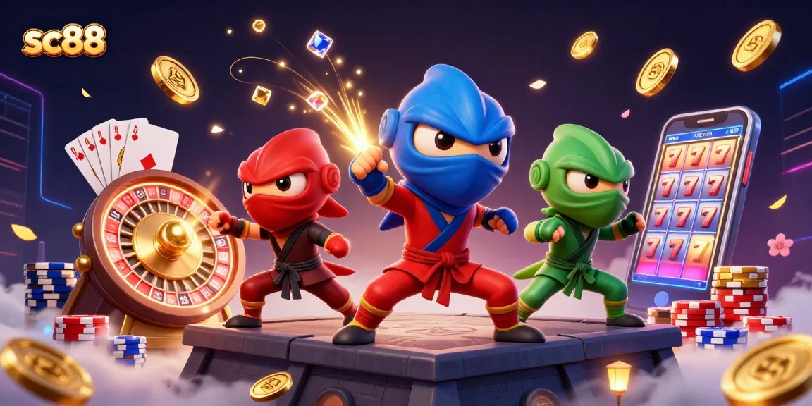 Experience thrilling action and winning strategies at sc88 with colorful casino elements and chameleon ninjas.