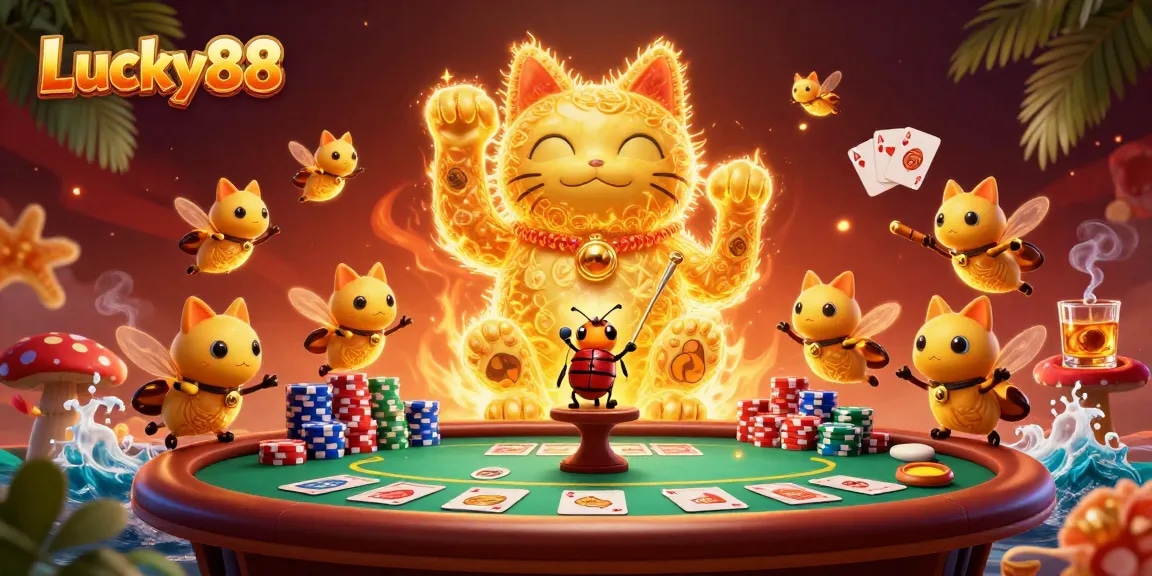Experience the vibrant action of Lucky88 as a giant lucky cat waves amidst casino symbols and poker elements.