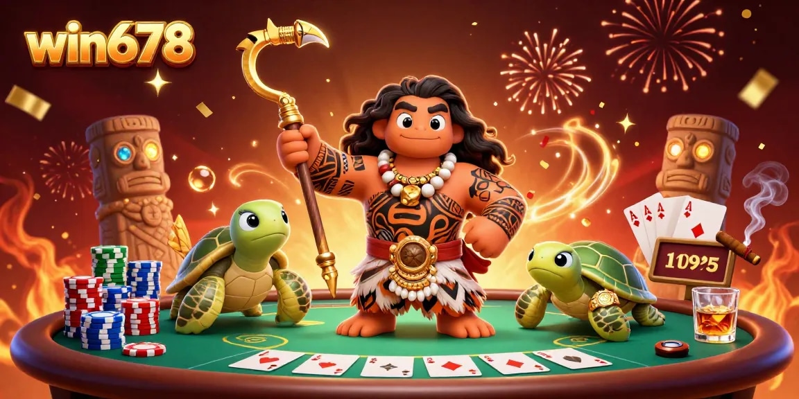 Join the excitement at win678, where a Hawaiian demigod and friends play cards amidst vibrant casino action!