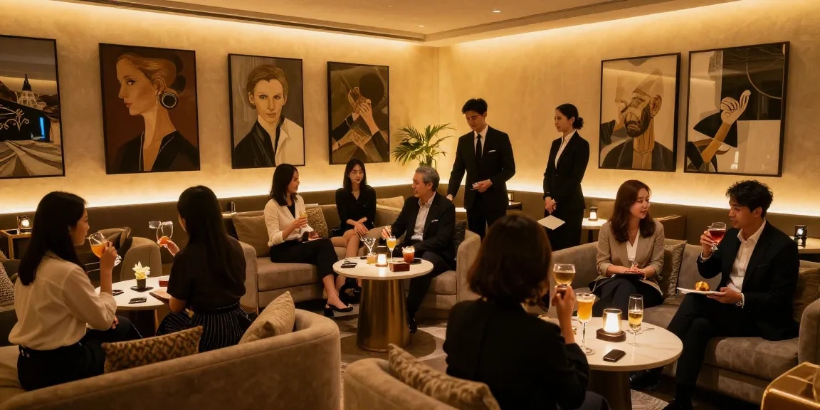 강남구구단 쩜오의 고급스러운 사적인 방에서 손님들이 음료를 즐기는 모습
