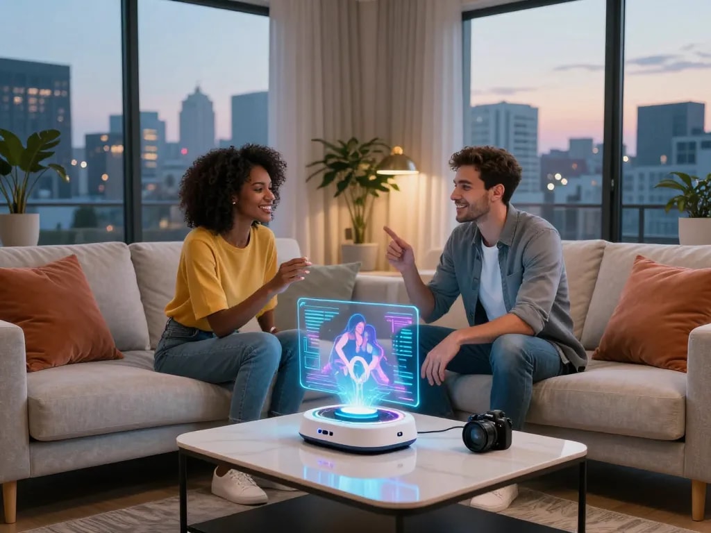 Couple interacting with AI sex technology in modern apartment, exploring intimacy.