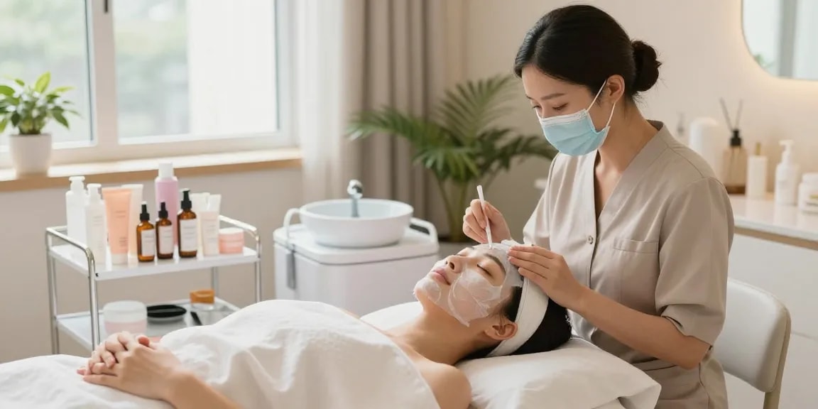 물광필링 치료를 받으며 편안하게 쉬고 있는 모습의 고객과 전문 에스테티션