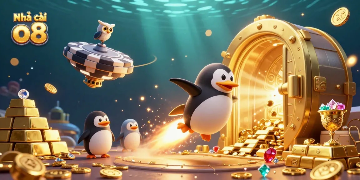Engage with Nhà cái o8's thrilling casino experience featuring a golden penguin and vibrant treasures.
