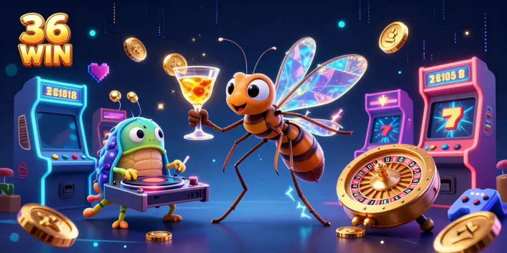 Experience the excitement of 36 WIN casino with a vibrant 3D scene featuring dynamic characters and game elements.