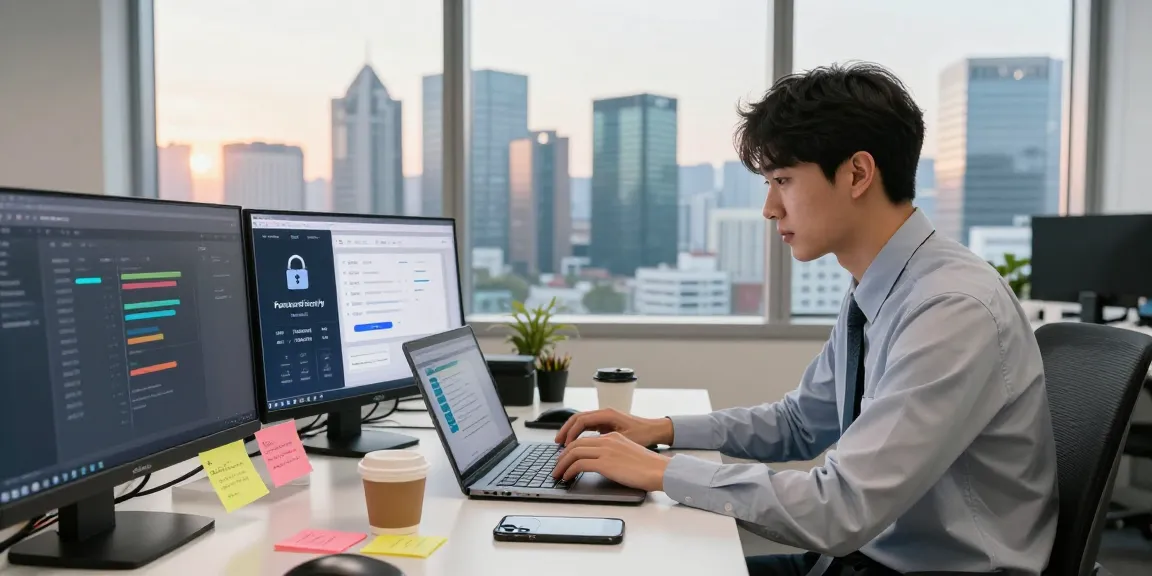 Engaging workspace scene depicting a professional focused on 강남토닥이 content verification in a modern Seoul office.
