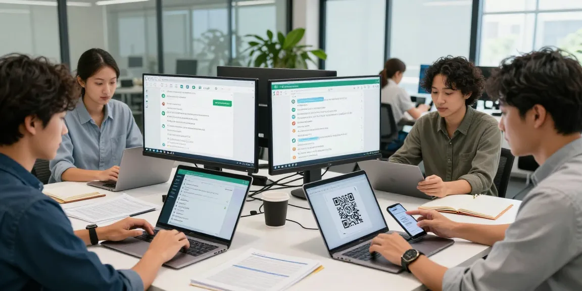 Team collaborating using WhatsApp網頁版 on laptops and tablets in a modern office.