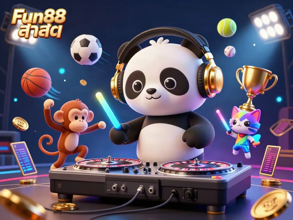 Experience the excitement of Fun88 ล่าสุด with a vibrant 3D DJ panda and animated characters in a casino setting.