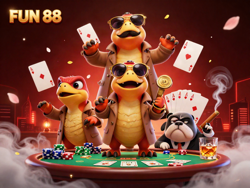 Experience FUN 88 with cartoon raptors trying to enter a VIP casino lounge full of gaming elements.