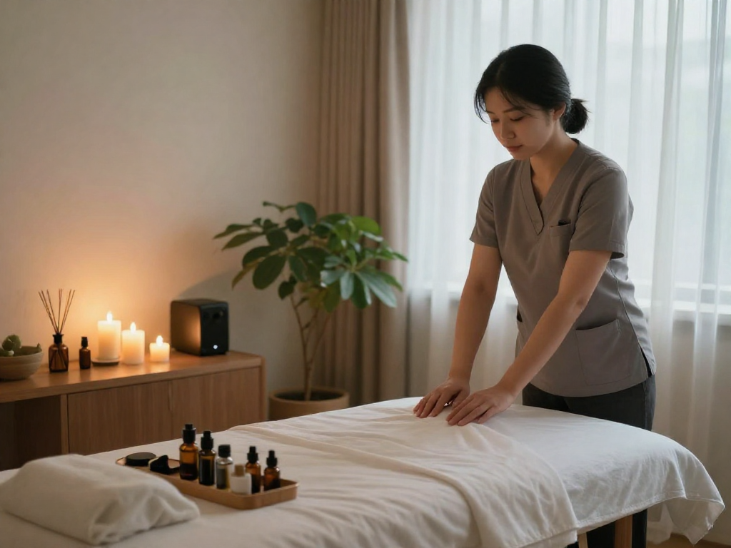 Serene massage therapy room for 부평출장마사지, featuring calming decor and soft lighting.
