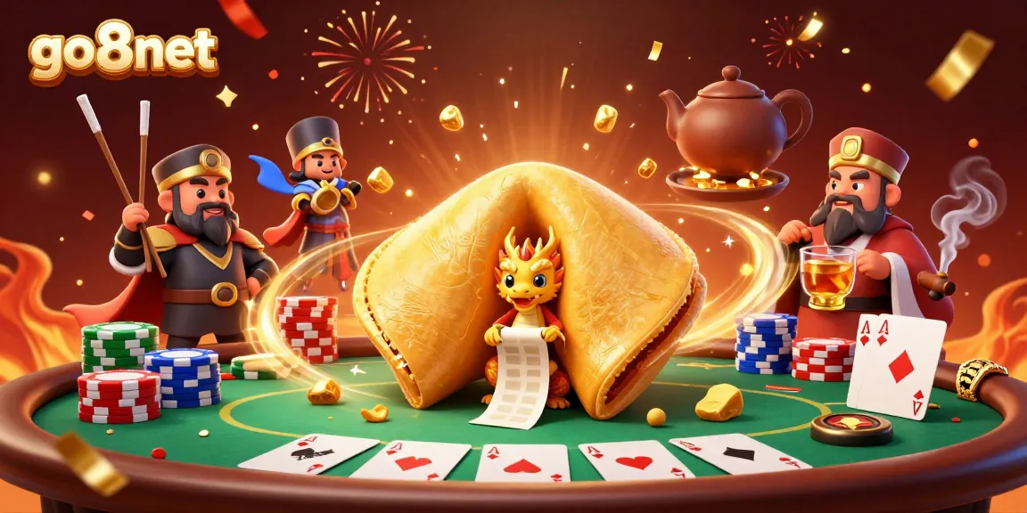 Experience exciting gameplay at go8net with a vibrant scene of fortune cookies and poker elements.