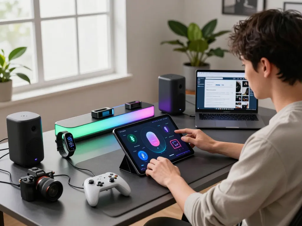 Explore the latest tech gadgets 2072, including Bluetooth speakers and fitness wearables in a modern workspace.