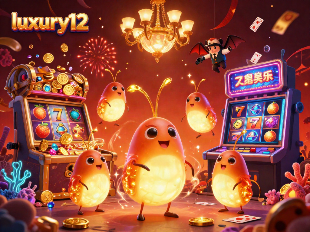 Experience the vibrant world of luxury12 slots with animated glowworms lighting up a colorful casino scene.