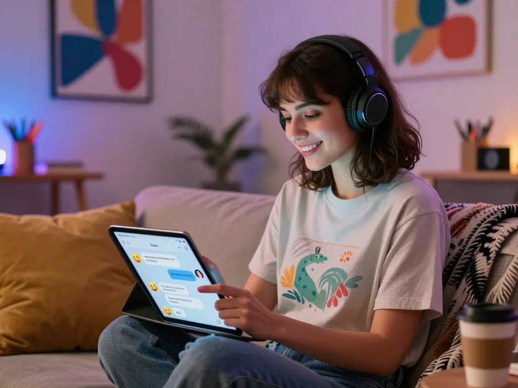 Engaging with an nsfw chat bot in a cozy modern digital space.