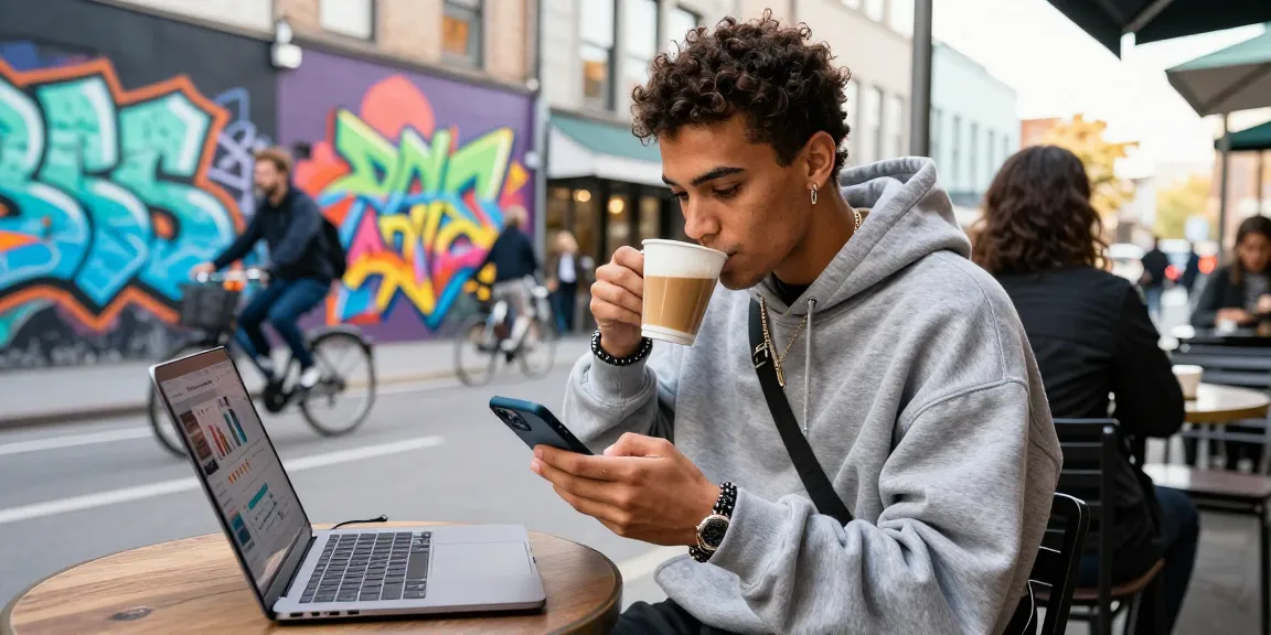 Threads いいね購入を活用しているファッショナブルな若者が街中のカフェでスマートフォンを操作しているシーン