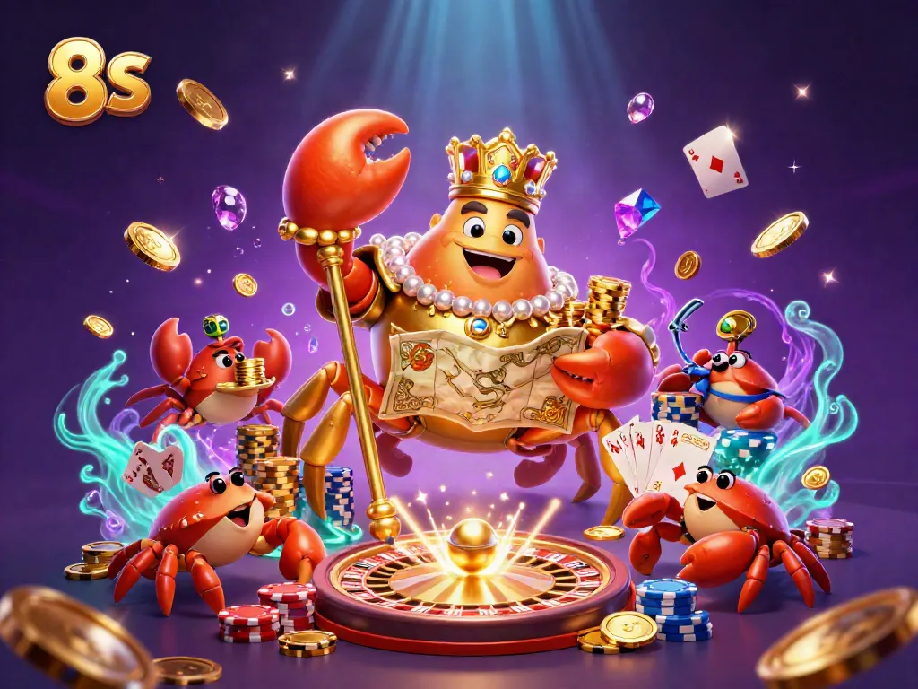Illustration of the 8 S crab emperor alongside hermit crabs in a vibrant casino scene.