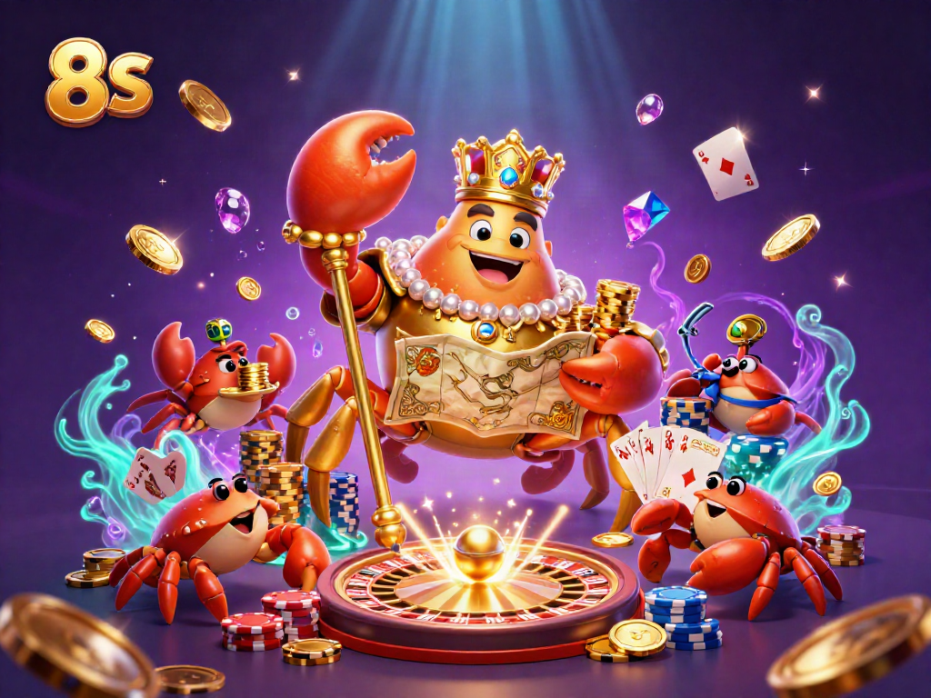Illustration of the 8 S crab emperor alongside hermit crabs in a vibrant casino scene.