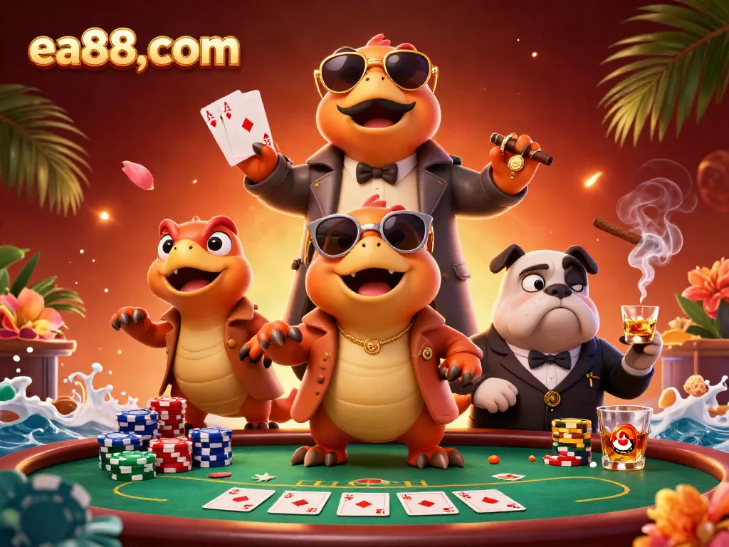 Experience the thrill of casino gaming with ea88,com, featuring an entertaining scene of three raptors in disguise.
