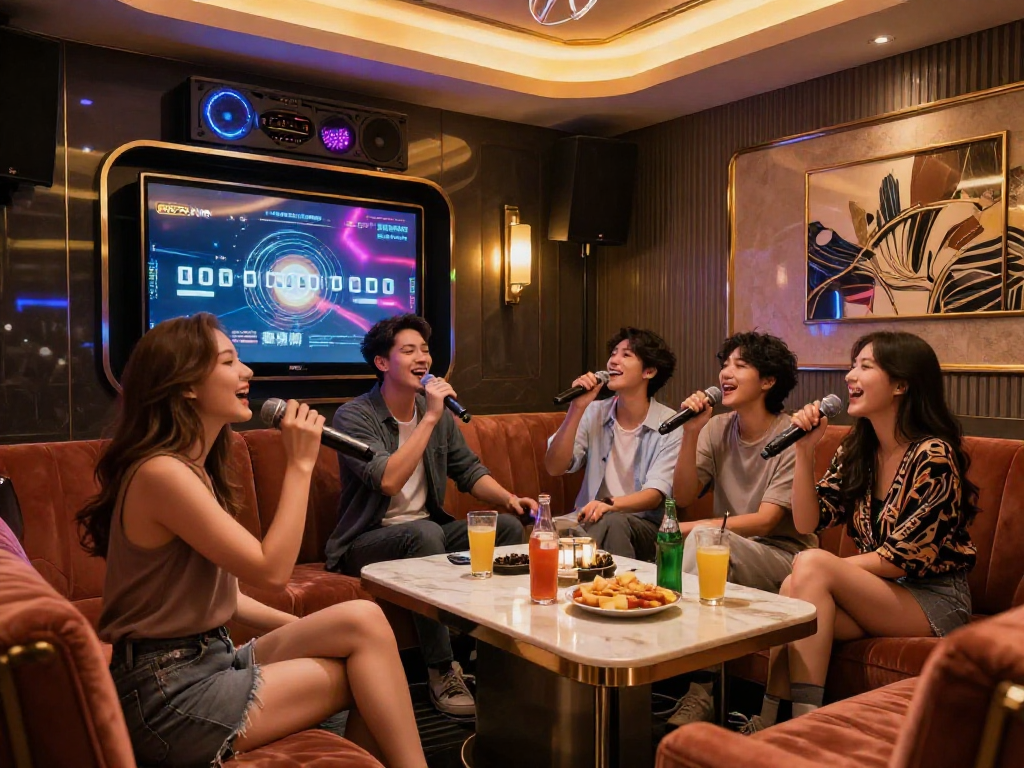 강남 가라오케에서 친구들과 함께 노래를 부르고 있는 쾌적한 고급 노래방의 모습