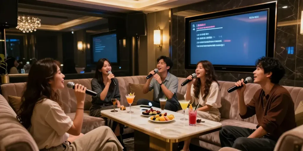 강남달토에서 친구들과 음료를 즐기며 노래 부르는 고급스러운 카라오케 공간