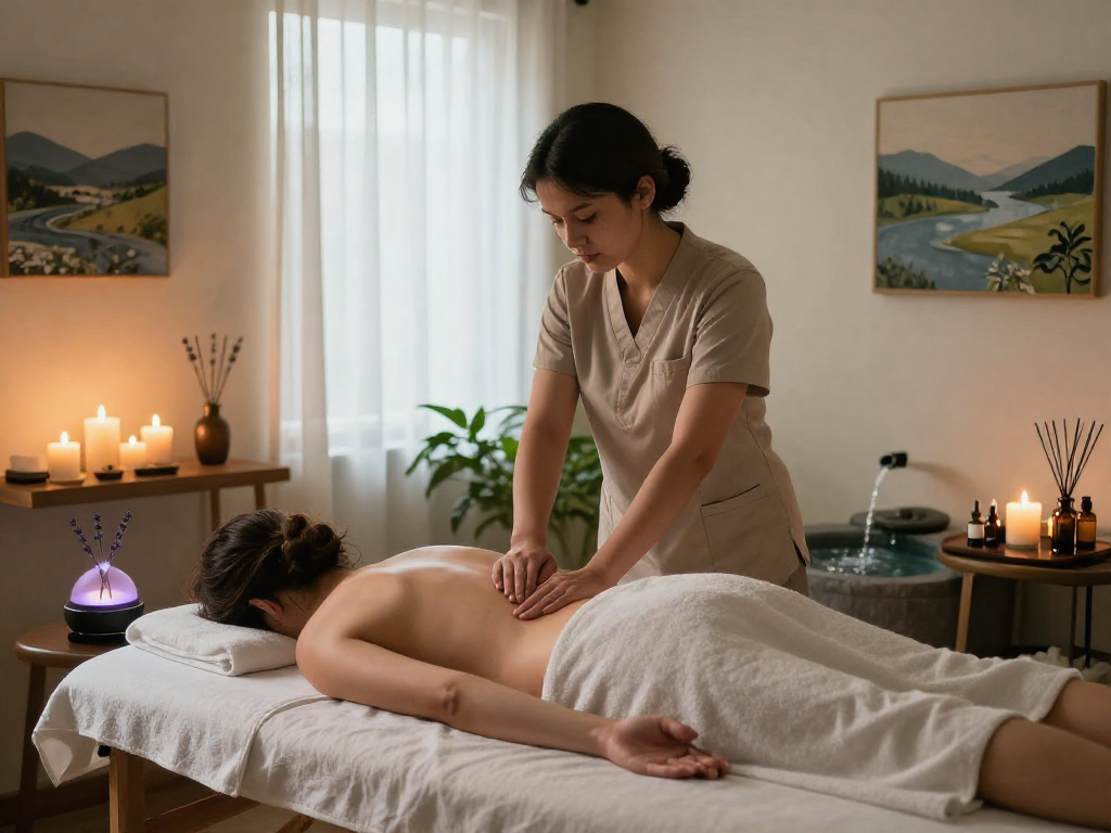 A tranquil wellness scene featuring 출장안마 therapy session, with a skilled therapist and calming ambiance.