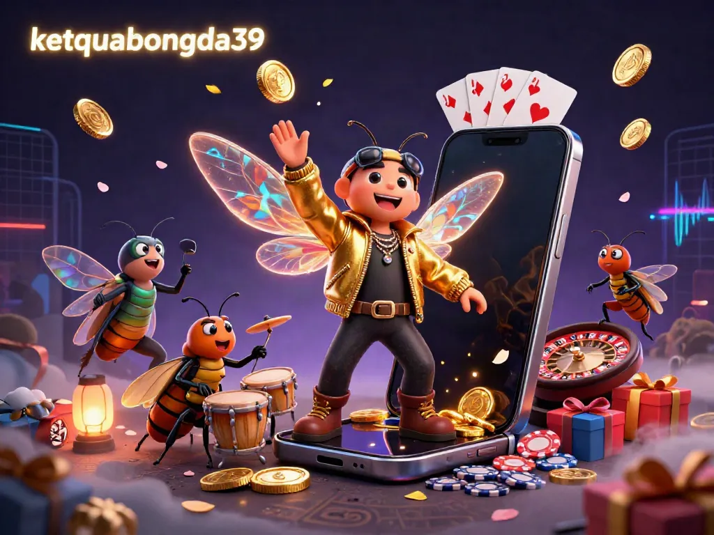 Experience the thrill of gambling with ketquabongda39, featuring a vibrant 3D rock star cicada amidst gambling elements.