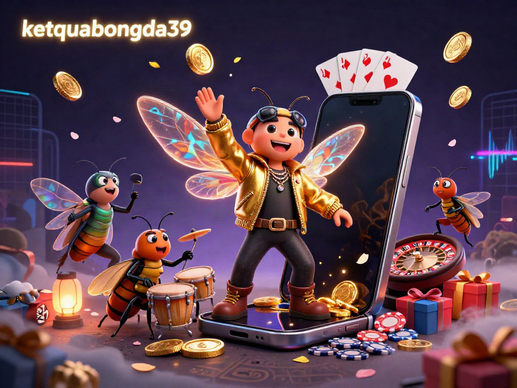 Experience the thrill of gambling with ketquabongda39, featuring a vibrant 3D rock star cicada amidst gambling elements.