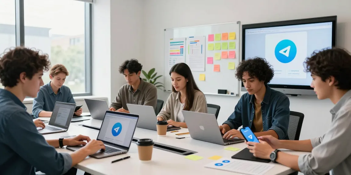 Download Telegram in a modern workspace with professionals collaborating on devices.